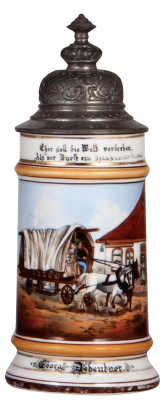 Porcelain stein, .5L, transfer & hand-painted, Occupational Hausdiener [Building or House Caretaker], pewter lid, rare, wear to base red & gold bands. From the Etheridge Collection & pictured in the Occupational Stein Book. 