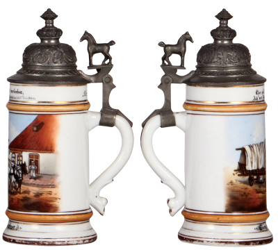 Porcelain stein, .5L, transfer & hand-painted, Occupational Hausdiener [Building or House Caretaker], pewter lid, rare, wear to base red & gold bands. From the Etheridge Collection & pictured in the Occupational Stein Book. - 2