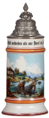 Porcelain stein, .5L, transfer & hand-painted, Occupational Fischerei [Commercial Fisherman], pewter lid, rare, some wear to red base band, good repair of pewter tear. From the Etheridge Collection & pictured in the Occupational Stein Book. 