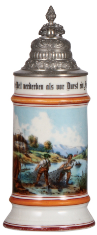 Porcelain stein, .5L, transfer & hand-painted, Occupational Fischerei [Commercial Fisherman], pewter lid, rare, some wear to red base band, good repair of pewter tear. From the Etheridge Collection & pictured in the Occupational Stein Book.