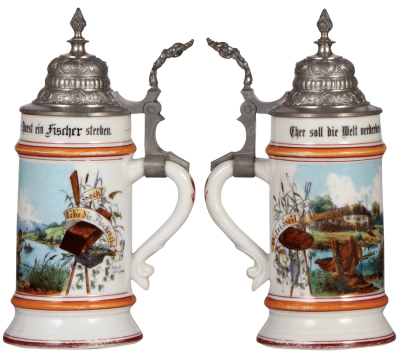 Porcelain stein, .5L, transfer & hand-painted, Occupational Fischerei [Commercial Fisherman], pewter lid, rare, some wear to red base band, good repair of pewter tear. From the Etheridge Collection & pictured in the Occupational Stein Book. - 2