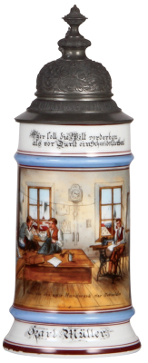 Porcelain stein, .5L, transfer & hand-painted, Occupational Schneider [Tailor], pewter lid, slight wear on red base band. From the Etheridge Collection.