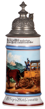 Porcelain stein, .5L, transfer & hand-painted, Occupational Postilion [Post Coachman], Omnibus #1097, pewter lid, mint. From the Etheridge Collection.