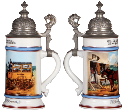 Porcelain stein, .5L, transfer & hand-painted, Occupational Postilion [Post Coachman], Omnibus #1097, pewter lid, mint. From the Etheridge Collection. - 2