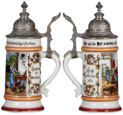 Porcelain stein, .5L, transfer & hand-painted, Occupational Ofensetzer [Oven Installer], pewter lid, very rare, very good repair of pewter tear, body mint. From the Etheridge Collection. - 2