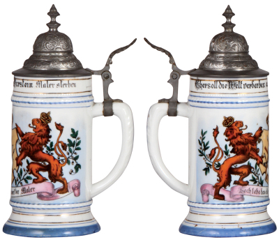 Porcelain stein, .5L, transfer & hand-painted, Occupational Maler [Painter], pewter lid, rare, mint. From the Etheridge Collection. - 2