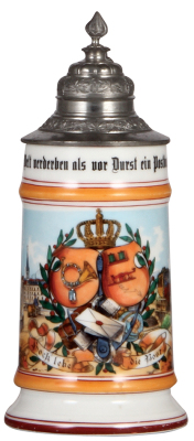 Porcelain stein, .5L, transfer & hand-painted, Occupational Post [Postman], pewter lid, slight wear to red base band, otherwise mint. From the Etheridge Collection.