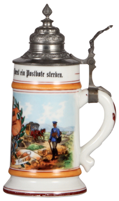 Porcelain stein, .5L, transfer & hand-painted, Occupational Post [Postman], pewter lid, slight wear to red base band, otherwise mint. From the Etheridge Collection. - 2