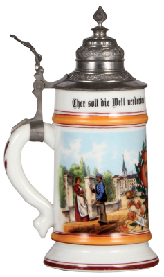 Porcelain stein, .5L, transfer & hand-painted, Occupational Post [Postman], pewter lid, slight wear to red base band, otherwise mint. From the Etheridge Collection. - 3