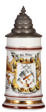 Porcelain stein, .5L, transfer & hand-painted, Occupational Steinhauer [Stone Cutter], pewter lid, rare, slight wear to red bands, otherwise mint. From the Etheridge Collection.