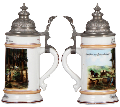 Porcelain stein, .5L, transfer & hand-painted, Occupational Holzarbeiter [Lumberjack], pewter lid, mint. From the Etheridge Collection. - 2