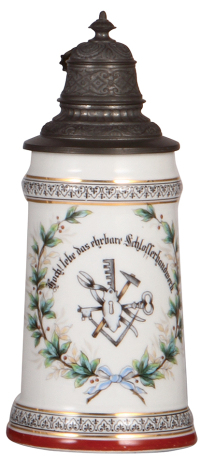 Porcelain stein, .5L, transfer & hand-painted, Occupational Schlosser [Locksmith], pewter lid, mint. From the Etheridge Collection.