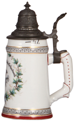 Porcelain stein, .5L, transfer & hand-painted, Occupational Schlosser [Locksmith], pewter lid, mint. From the Etheridge Collection. - 2