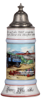 Porcelain stein, .5L, transfer & hand-painted, Occupational Kraftwagenführer [Motorized Truck Driver], Brotfabrik u. Molker, Wendelstein, rare scene, pewter lid, mint.