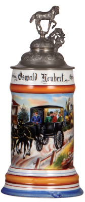 Porcelain stein, .5L, transfer & hand-painted, Occupational Kutscher [Coach Driver], pewter lid, factory chip on base is covered with glaze, mint. From the Etheridge Collection.
