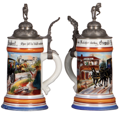 Porcelain stein, .5L, transfer & hand-painted, Occupational Kutscher [Coach Driver], pewter lid, factory chip on base is covered with glaze, mint. From the Etheridge Collection. - 2