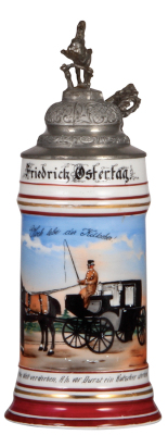 Porcelain stein, .5L, transfer & hand-painted, Occupational Kutscher [Coach Driver], pewter lid, .5" firing line in lithophane, mint. From the Etheridge Collection.