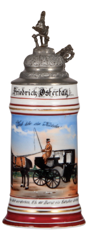 Porcelain stein, .5L, transfer & hand-painted, Occupational Kutscher [Coach Driver], pewter lid, .5" firing line in lithophane, mint. From the Etheridge Collection.