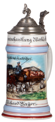 Porcelain stein, .5L, transfer & hand-painted, Occupational Kutscher [Wagon Driver] delivering pigs, Schweine Händler [Hog Dealer], pewter lid, rare, mint. From the Etheridge Collection & pictured in the Occupational Stein Book. 
