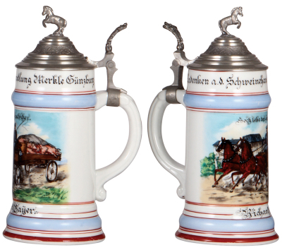 Porcelain stein, .5L, transfer & hand-painted, Occupational Kutscher [Wagon Driver] delivering pigs, Schweine Händler [Hog Dealer], pewter lid, rare, mint. From the Etheridge Collection & pictured in the Occupational Stein Book.  - 2