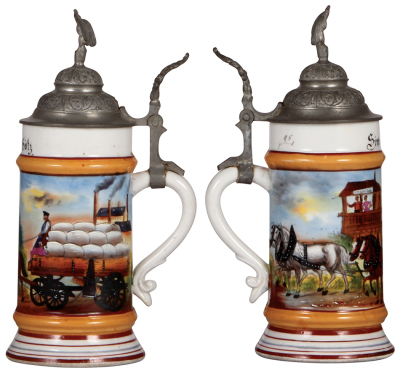 Porcelain stein, .5L, transfer & hand-painted, Occupational Mühlfuhrman [Flour Mill Driver], carrying large white bails, pewter lid, mint. From the Etheridge Collection. - 2