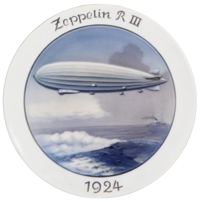 Porcelain plaque, 8.6" d., relief, incised & hand-painted, marked Rosenthal, Zeppelin R. III 1924, Zeppelin & ship on ocean, rare, mint.