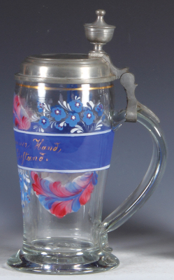 Glass stein, 1.0L, blown, clear, mid. 1800s, hand-painted, pewter lid, mint. - 2