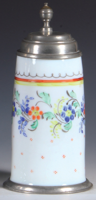 Glass stein, 1.0L, blown, early 1800s, milk glass, enameled flowers, pewter lid and footring, mint. 