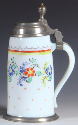 Glass stein, 1.0L, blown, early 1800s, milk glass, enameled flowers, pewter lid and footring, mint.  - 2