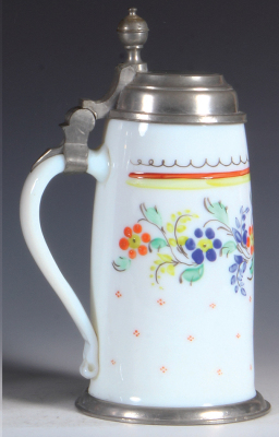 Glass stein, 1.0L, blown, early 1800s, milk glass, enameled flowers, pewter lid and footring, mint.  - 3