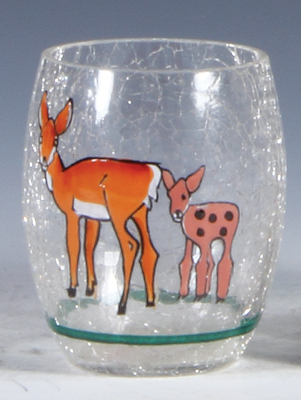 Glass beaker, 3.5'' ht., transfer & hand-painted, design by L. Hohlwein, deer, mint.