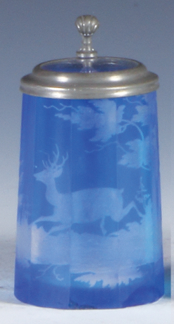 Glass stein, 4.1" ht., blown, faceted, blue flashed, wheel-engraved: stag, clear glass inlaid lid, small flakes on base. 