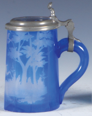Glass stein, 4.1" ht., blown, faceted, blue flashed, wheel-engraved: stag, clear glass inlaid lid, small flakes on base.  - 2