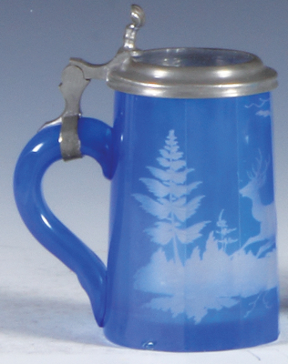 Glass stein, 4.1" ht., blown, faceted, blue flashed, wheel-engraved: stag, clear glass inlaid lid, small flakes on base.  - 3
