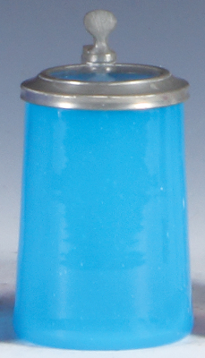 Glass stein, 3.8" ht., blown, blue opaline, c. 1850, clear glass inlaid lid, mint. 