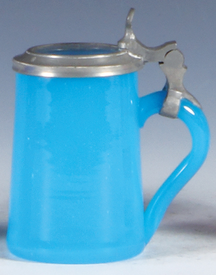 Glass stein, 3.8" ht., blown, blue opaline, c. 1850, clear glass inlaid lid, mint.  - 2