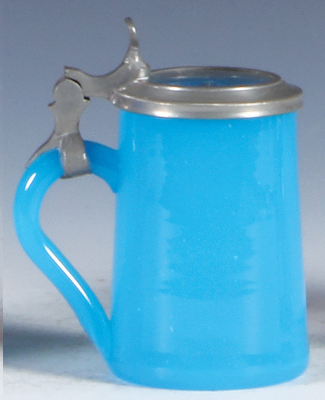 Glass stein, 3.8" ht., blown, blue opaline, c. 1850, clear glass inlaid lid, mint.  - 3