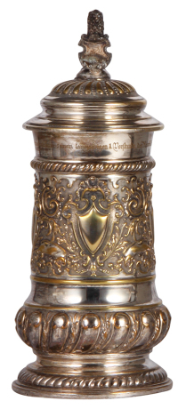 Silver-plated stein, 11.5'' ht., relief, elaborate decoration, lion & shield finial, mint.