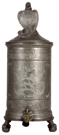 Pewter beer stein, 24.0" ht, Schleifkanne, footed, brass dispenser spout, late 1800s, engraved: 1695, Butcher symbols on lid, extremely heavy, normal indications of age, tears repaired at spout attachment & inside at handle attachment, overall good condit