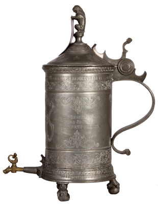 Pewter beer stein, 24.0" ht, Schleifkanne, footed, brass dispenser spout, late 1800s, engraved: 1695, Butcher symbols on lid, extremely heavy, normal indications of age, tears repaired at spout attachment & inside at handle attachment, overall good condit - 2