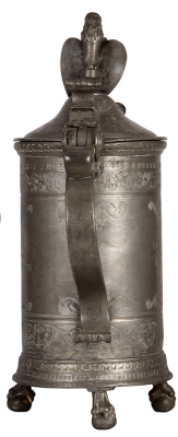Pewter beer stein, 24.0" ht, Schleifkanne, footed, brass dispenser spout, late 1800s, engraved: 1695, Butcher symbols on lid, extremely heavy, normal indications of age, tears repaired at spout attachment & inside at handle attachment, overall good condit - 3