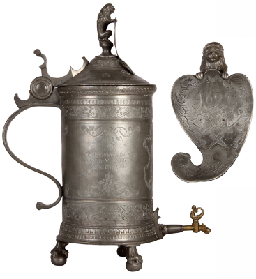 Pewter beer stein, 24.0" ht, Schleifkanne, footed, brass dispenser spout, late 1800s, engraved: 1695, Butcher symbols on lid, extremely heavy, normal indications of age, tears repaired at spout attachment & inside at handle attachment, overall good condit - 4
