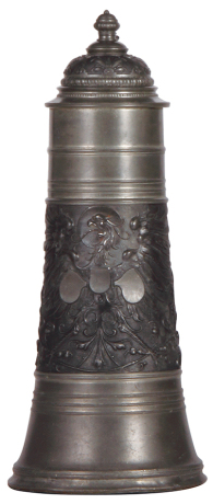 Pewter stein, 1.0L, 12.0" ht., relief, eagle, pewter lid, minor dents.