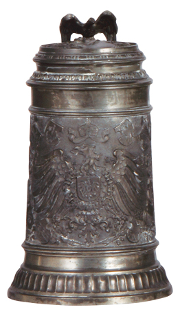 Pewter stein, .5L, relief, eagle & German city coat-of-arms, pewter lid, mint.
