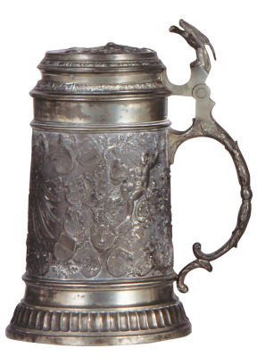 Pewter stein, .5L, relief, eagle & German city coat-of-arms, pewter lid, mint. - 2