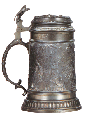 Pewter stein, .5L, relief, eagle & German city coat-of-arms, pewter lid, mint. - 3