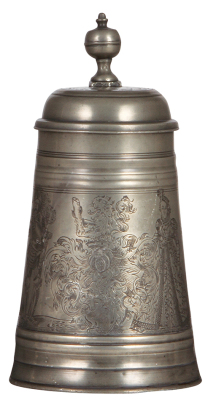 Pewter stein, 1.0L, 10.0" ht., late 1700s, touchmarks on underside of lid & inside bottom, detailed engraving, elaborate coat-of-arms with knight & noble woman, pewter lid dated 1790, very good condition.