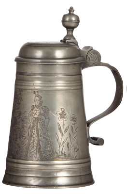 Pewter stein, 1.0L, 10.0" ht., late 1700s, touchmarks on underside of lid & inside bottom, detailed engraving, elaborate coat-of-arms with knight & noble woman, pewter lid dated 1790, very good condition. - 2