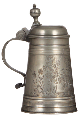 Pewter stein, 1.0L, 10.0" ht., late 1700s, touchmarks on underside of lid & inside bottom, detailed engraving, elaborate coat-of-arms with knight & noble woman, pewter lid dated 1790, very good condition. - 3