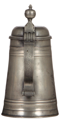 Pewter stein, 1.0L, 10.0" ht., late 1700s, touchmarks on underside of lid & inside bottom, detailed engraving, elaborate coat-of-arms with knight & noble woman, pewter lid dated 1790, very good condition. - 4